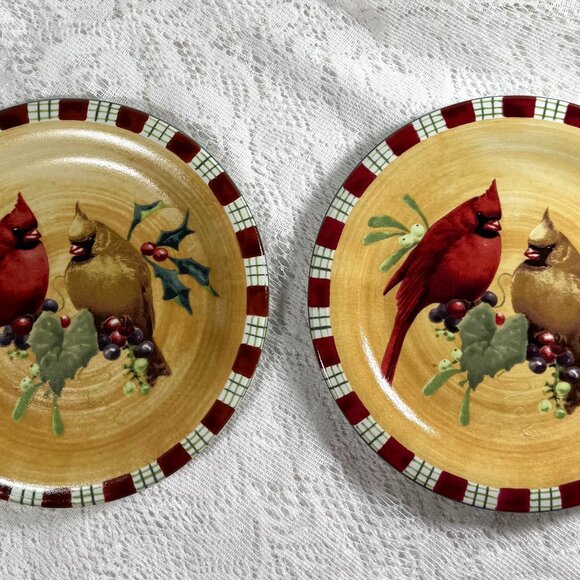 LENOX “Winter Greetings” Everyday Cardinal Salad Plate - Set of 2, Red Ribbons, - Picture 1 of 6